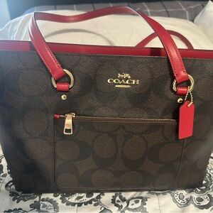 COACH Brown Signature Canvas Tote with Red Trim AND matching wallet
